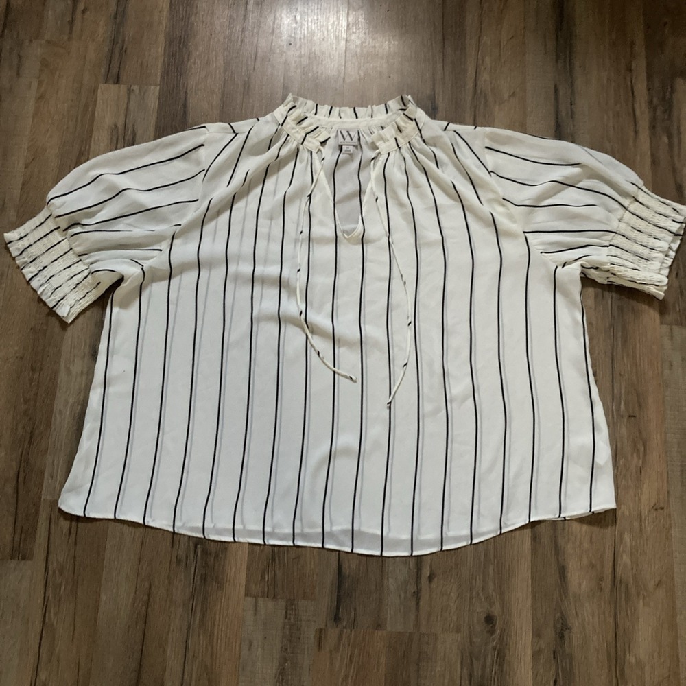 Worthington Womens Striped Blouse Smocked Cuff Sleeves Plus Size 2x Preppy Light